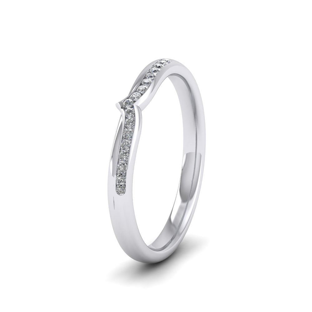 <p>9ct White Gold V Shape Round Diamond Channel Set Wedding Ring.  225mm Wide And Court Shaped For Comfortable Fitting.  Suitable For Fitting Next To Single Stone Rings Where The Stone And Setting Protrude Up To 1.5mm Away From The Edge Of The Ring.</p>