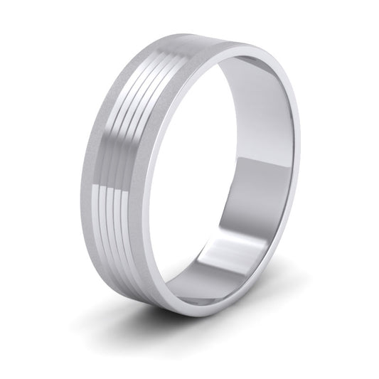 Grooved Pattern 18ct White Gold 6mm Flat Wedding Ring