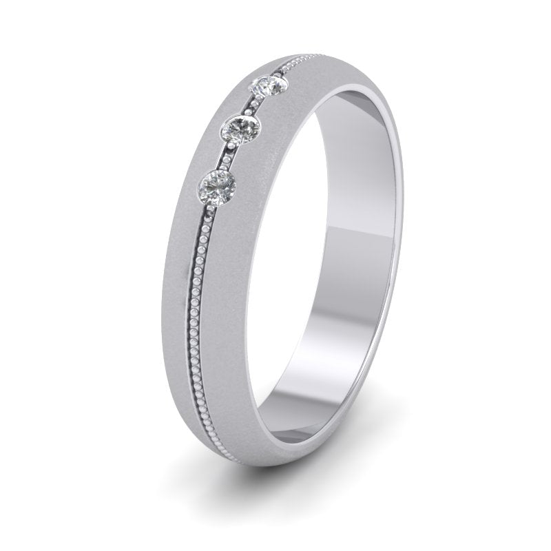 Three Diamond And Centre Millgrain Pattern 18ct White Gold 4mm Wedding Ring
