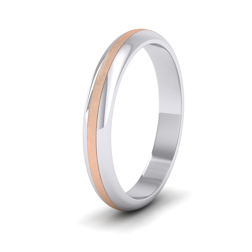 <p>9ct White And Rose Gold Centre Band Two Colour D Shape Wedding Ring.  3mm Wide With A Sparkle Finish Centre</p>