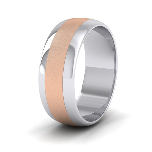 <p>9ct White And Rose Gold Centre Band Two Colour D Shape Wedding Ring.  8mm Wide With A Sparkle Finish Centre</p>
