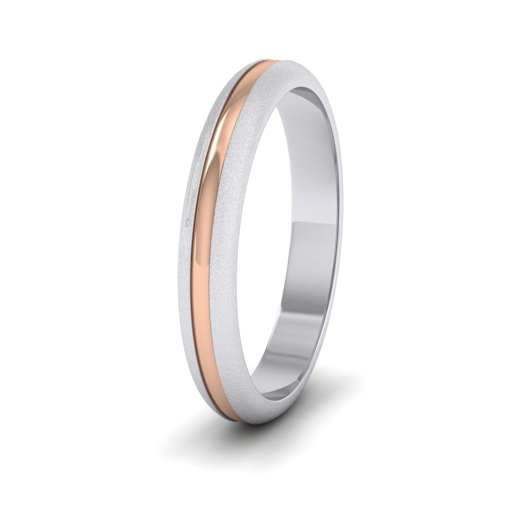 <p>18ct White And Rose Gold Recessed Centre Two Colour D Shape Wedding Ring.  3mm Wide With Matt Edges And A Polished Centre</p>