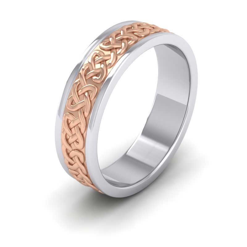 <p>Celtic Patterned Two Colour Flat Wedding Ring In 18ct White Gold .  6mm Wide </p>