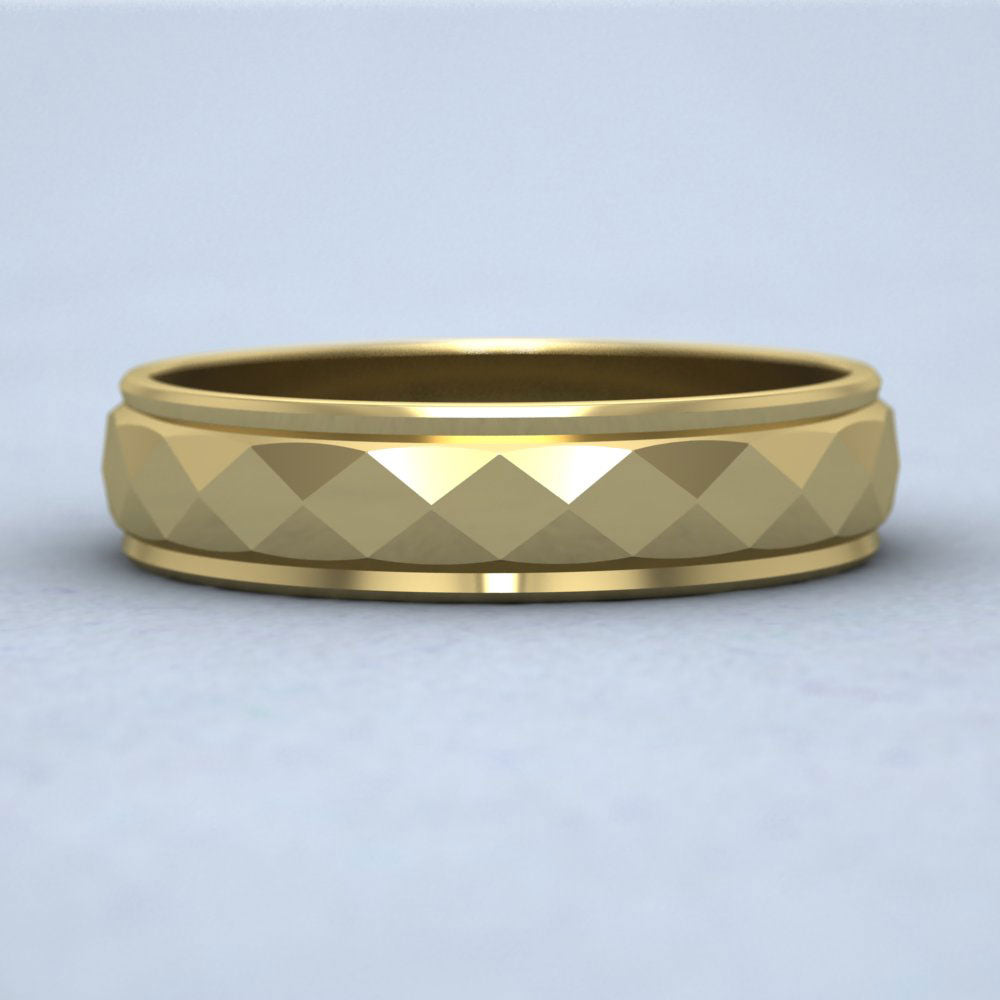 Facet And Line Pattern 9ct Yellow Gold 5mm Wedding Ring Down View