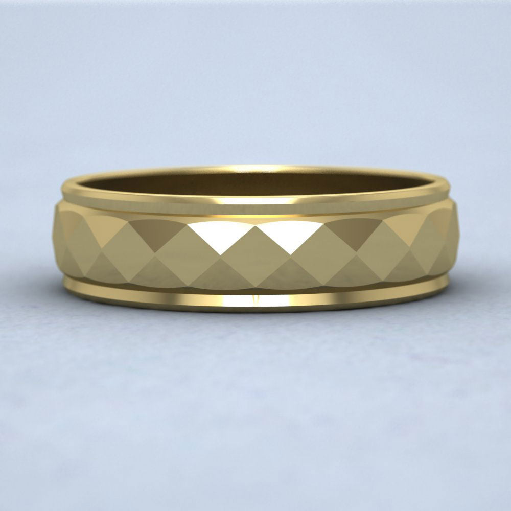Facet And Line Pattern 9ct Yellow Gold 6mm Wedding Ring Down View