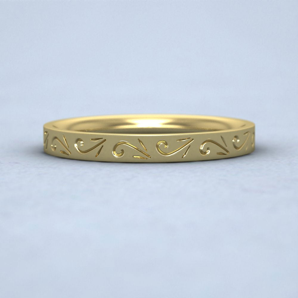 Engraved Flat 14ct Yellow Gold 2.5mm Wedding Ring Down View