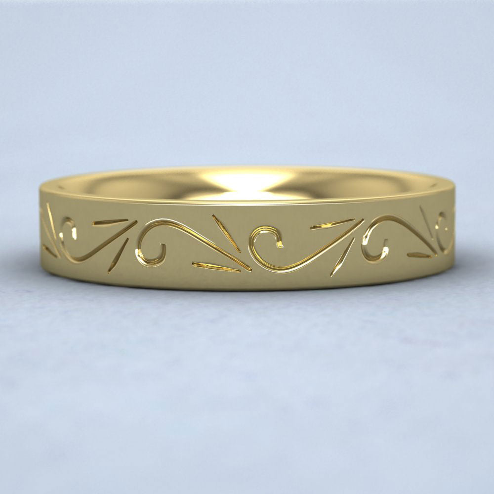 Engraved Flat 9ct Yellow Gold 4mm Wedding Ring Down View