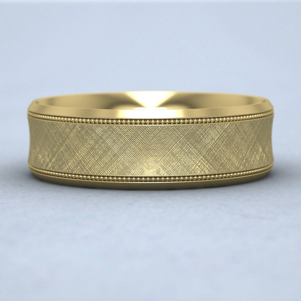 Hatched Centre And Millgrain Patterned 9ct Yellow Gold 7mm Wedding Ring Down View