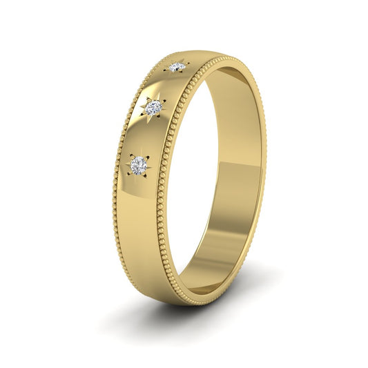 Millgrained Edge And Three Star Diamond Set 14ct Yellow Gold 4mm Wedding Ring