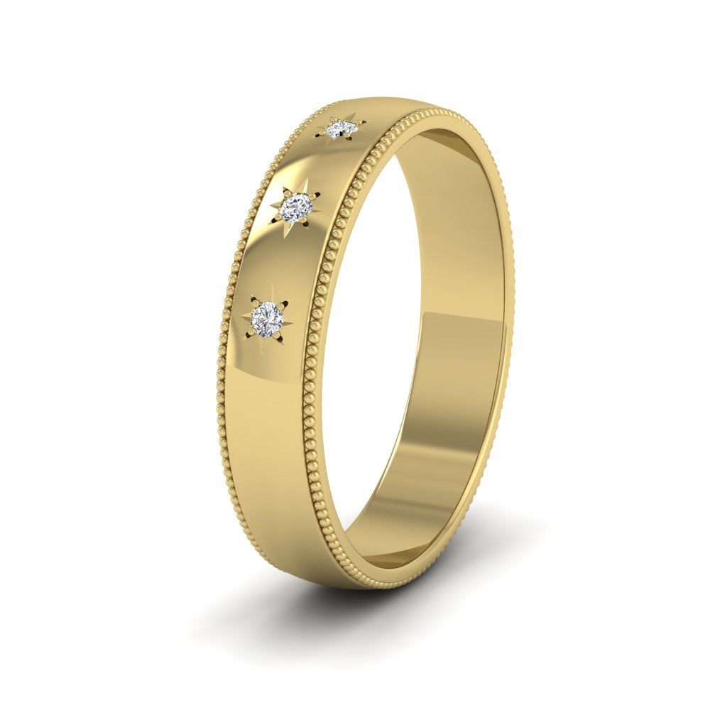 Millgrained Edge And Three Star Diamond Set 18ct Yellow Gold 4mm Wedding Ring