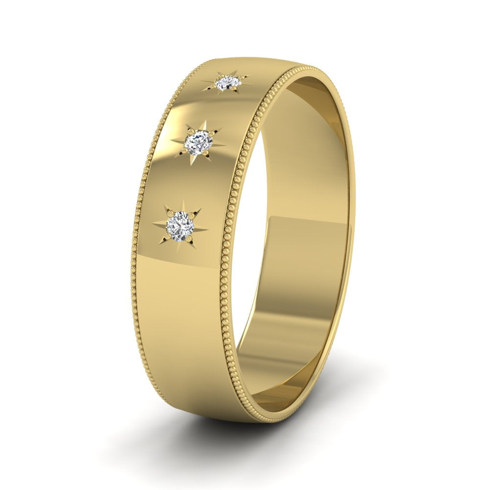Millgrained Edge And Three Star Diamond Set 18ct Yellow Gold 6mm Wedding Ring