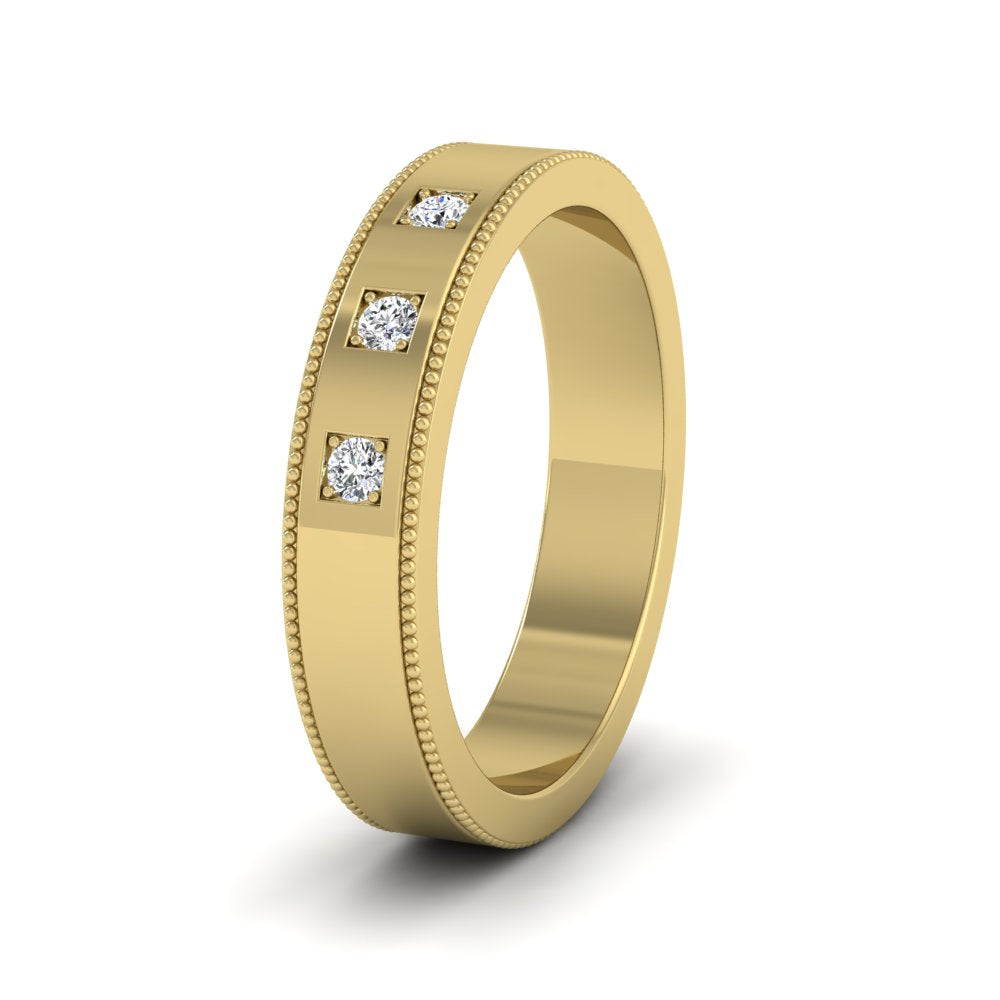 Three Diamonds With Square Setting 18ct Yellow Gold 4mm Wedding Ring With Millgrain Edge