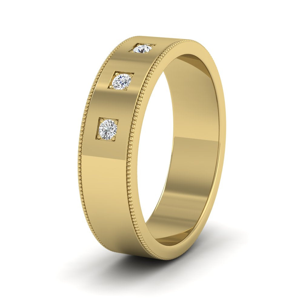 Three Diamonds With Square Setting 22ct Yellow Gold 6mm Wedding Ring With Millgrain Edge