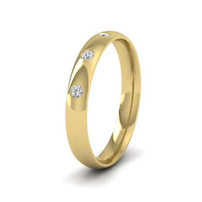 Three Diamond Flush Set 9ct Yellow Gold 3mm Wedding Ring