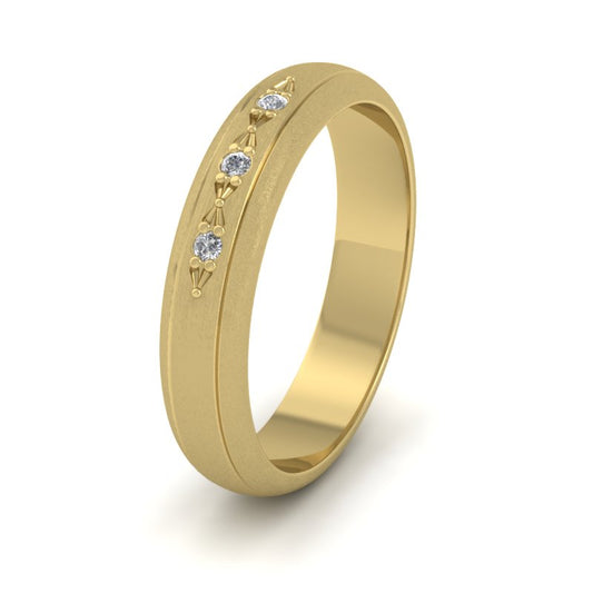 Three Diamond Set 14ct Yellow Gold 4mm Wedding Ring With Lines