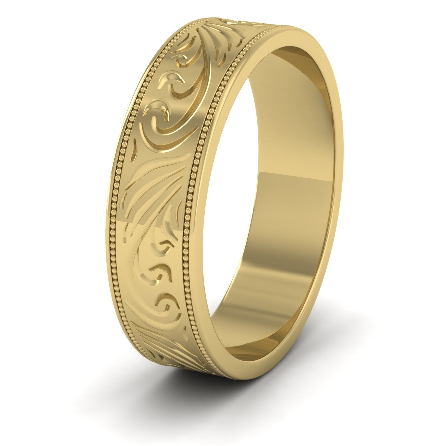 Engraved 14ct Yellow Gold 6mm Flat Wedding Ring With Millgrain Edge