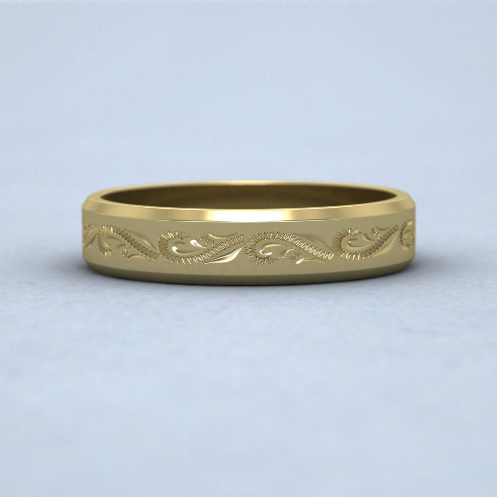 Engraved 9ct Yellow Gold 4mm Flat Wedding Ring With Bevelled Edge Down View