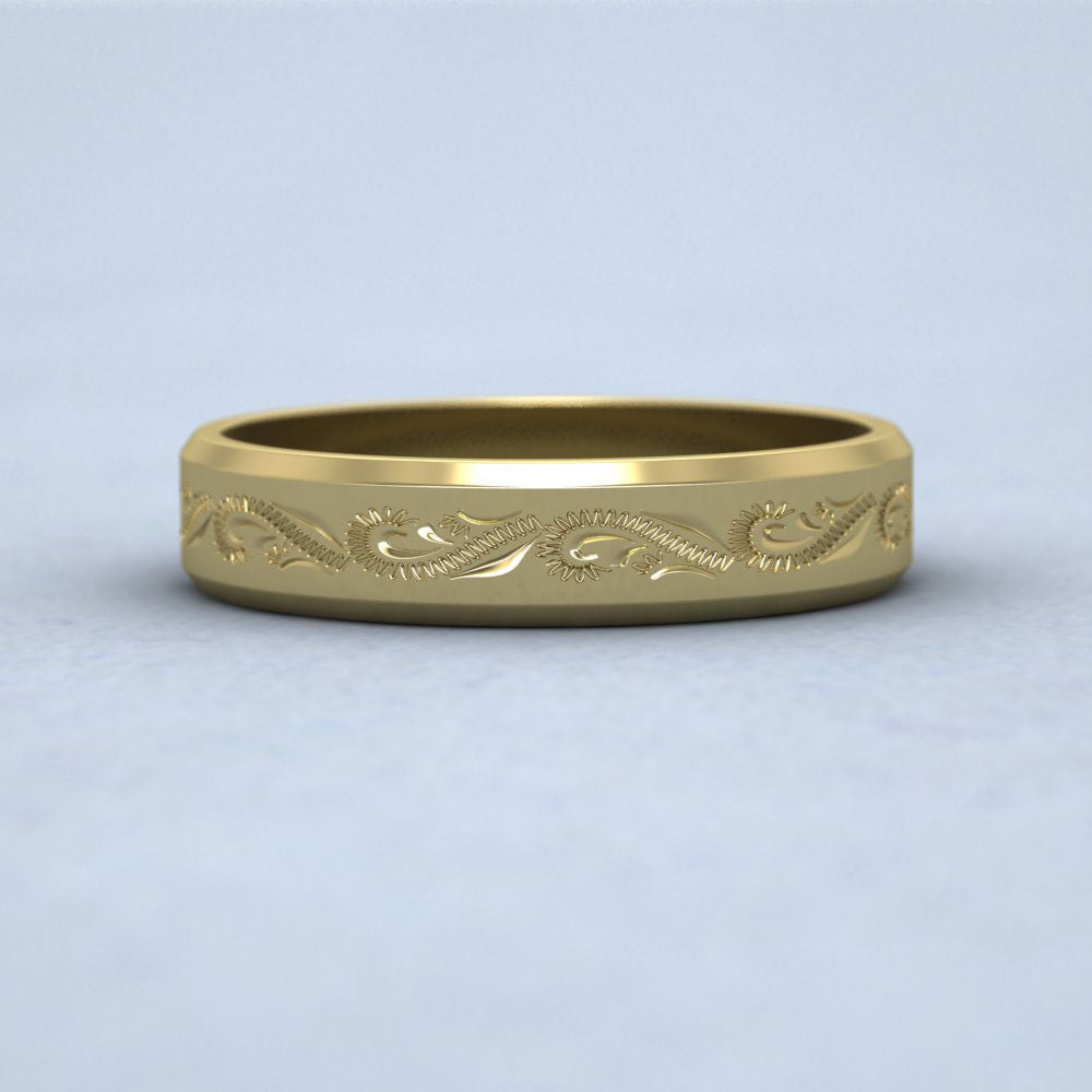 Engraved 14ct Yellow Gold 4mm Flat Wedding Ring With Bevelled Edge Down View