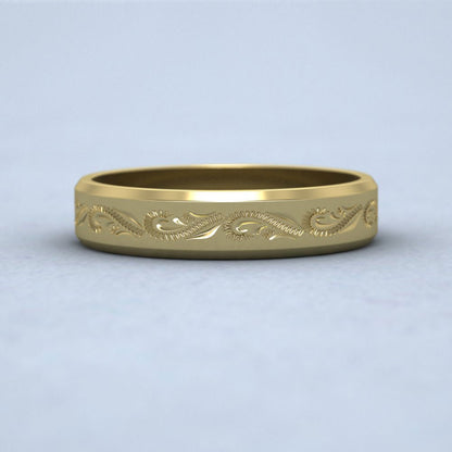 Engraved 14ct Yellow Gold 4mm Flat Wedding Ring With Bevelled Edge Down View