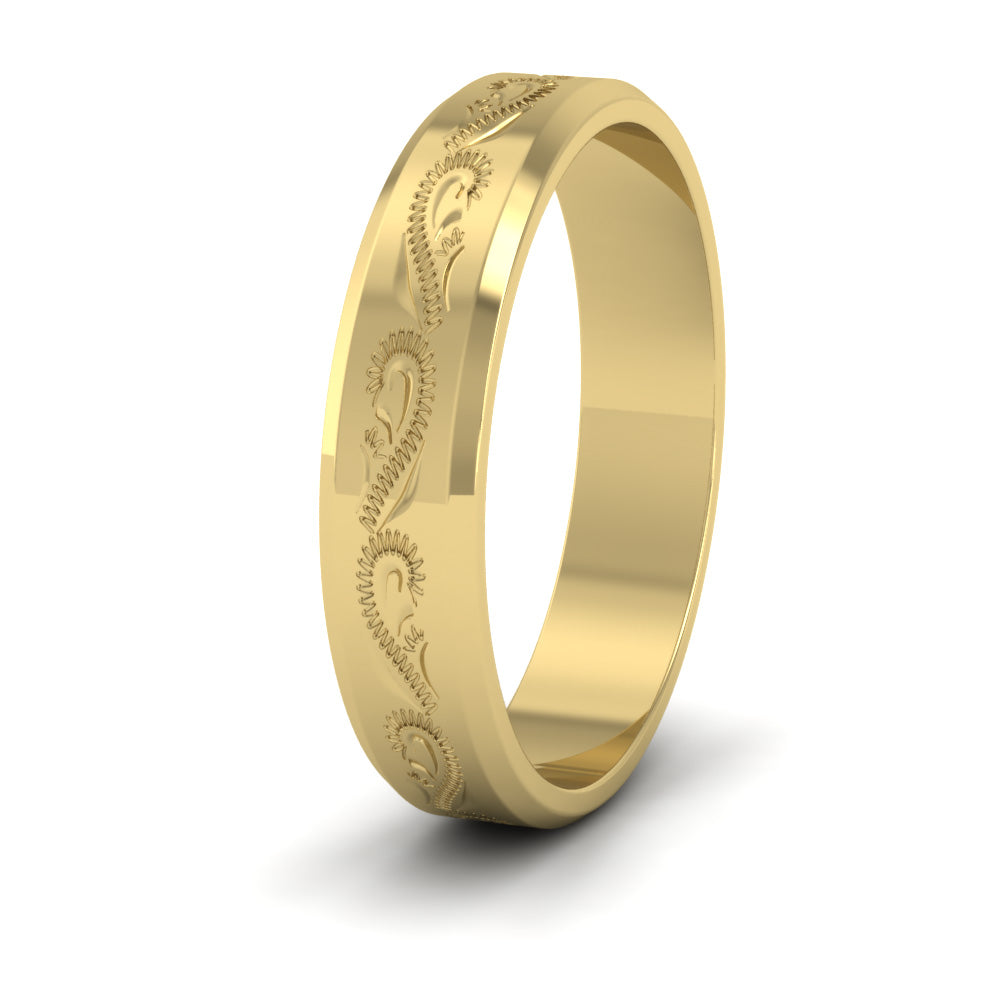 Engraved 14ct Yellow Gold 4mm Flat Wedding Ring With Bevelled Edge