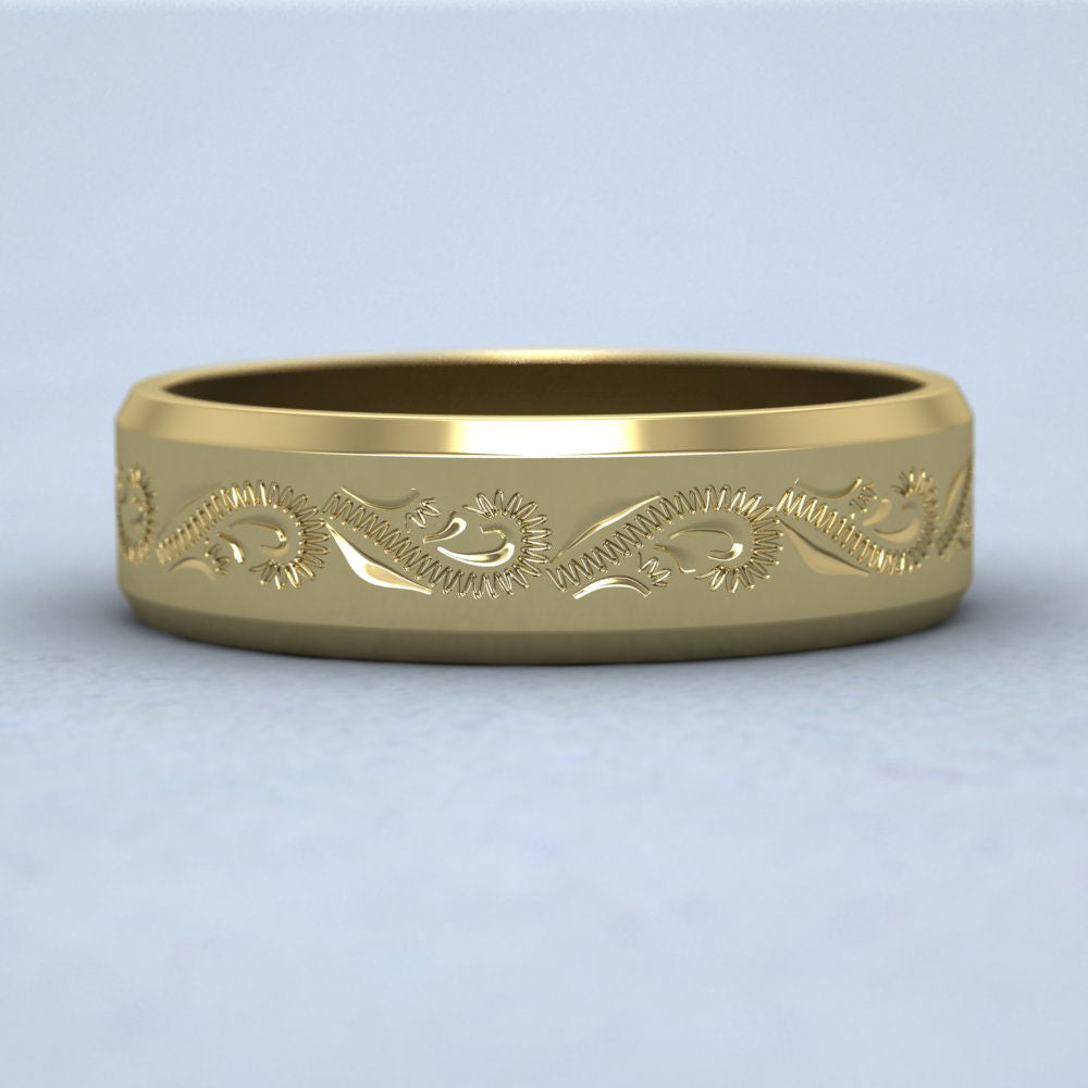 Engraved 9ct Yellow Gold 6mm Flat Wedding Ring With Bevelled Edge Down View