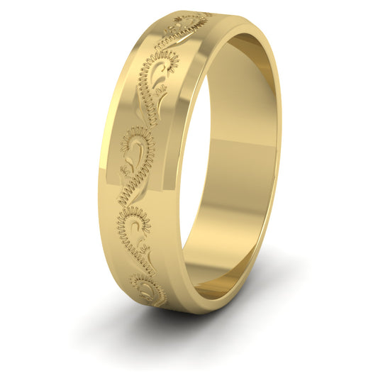 Engraved 22ct Yellow Gold 6mm Flat Wedding Ring With Bevelled Edge