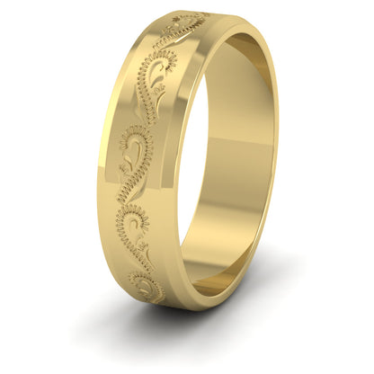 Engraved 14ct Yellow Gold 6mm Flat Wedding Ring With Bevelled Edge