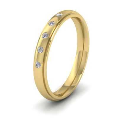 Line Pattern And Five Diamond Set 18ct Yellow Gold 3mm Wedding Ring