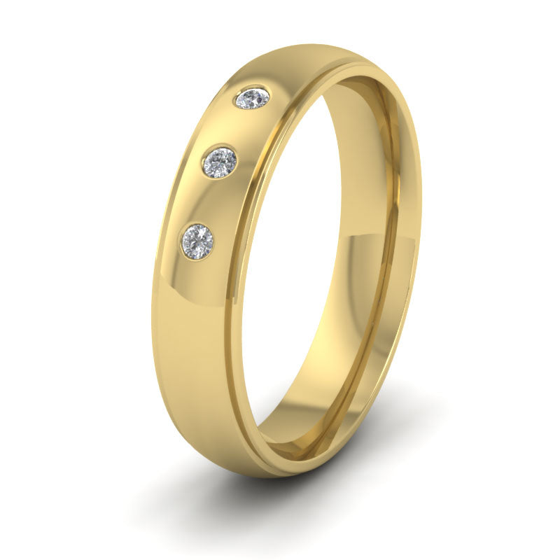 Line Pattern And Three Diamond Set 14ct Yellow Gold 5mm Wedding Ring