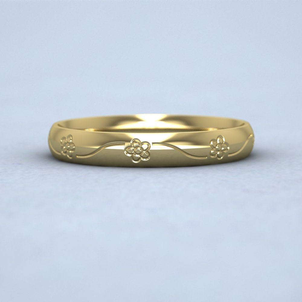 Engraved Flower 9ct Yellow Gold 3mm Wedding Ring Down View