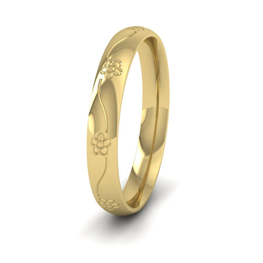 Engraved Flower 14ct Yellow Gold 3mm Wedding Ring