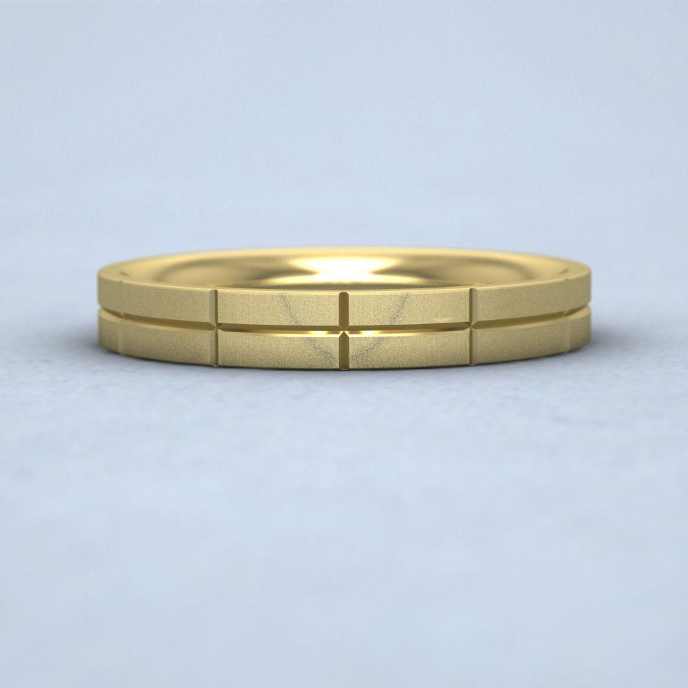 Cross Line Patterned 14ct Yellow Gold 3mm Flat Comfort Fit Wedding Ring Down View