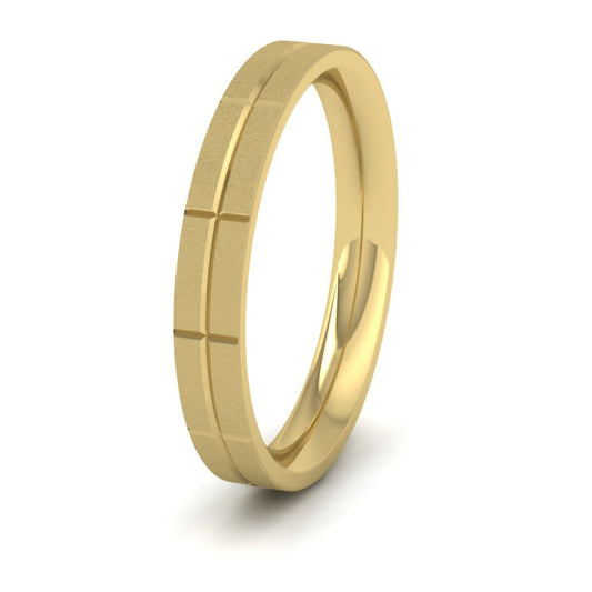 Cross Line Patterned 14ct Yellow Gold 3mm Flat Comfort Fit Wedding Ring
