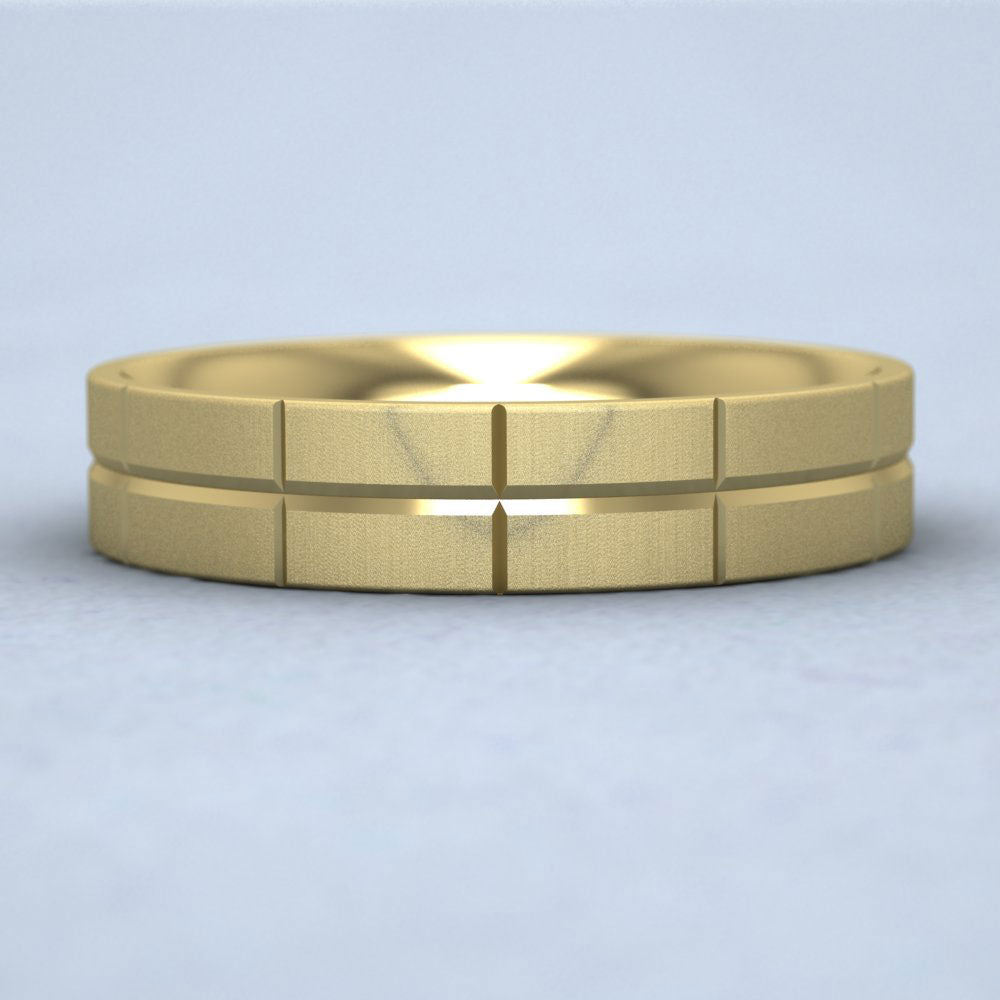 Cross Line Patterned 9ct Yellow Gold 5mm Flat Comfort Fit Wedding Ring Down View