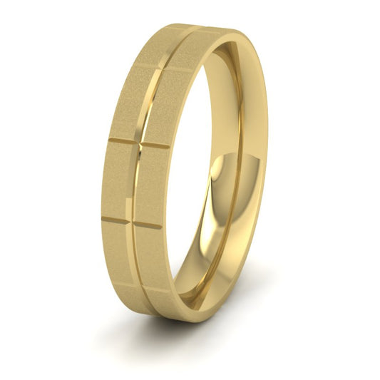 Cross Line Patterned 18ct Yellow Gold 5mm Flat Comfort Fit Wedding Ring