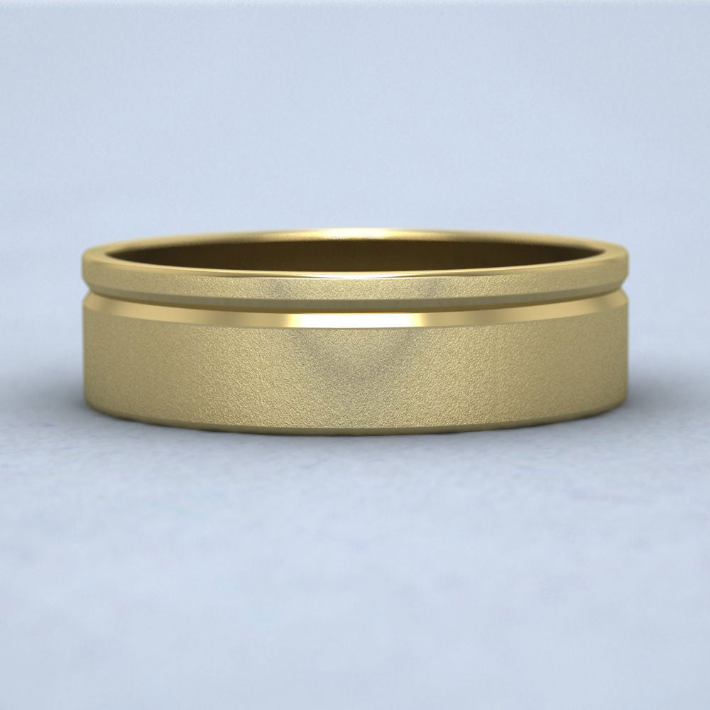 Asymmetric Line Pattern 9ct Yellow Gold 6mm Flat Wedding Ring Down View
