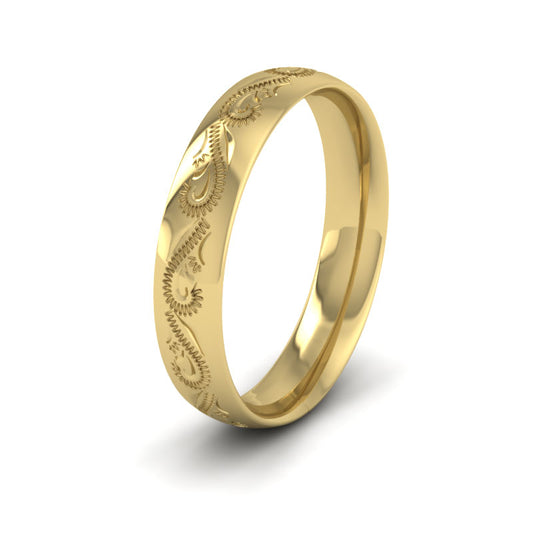 Engraved Court Shape 18ct Yellow Gold 4mm Wedding Ring