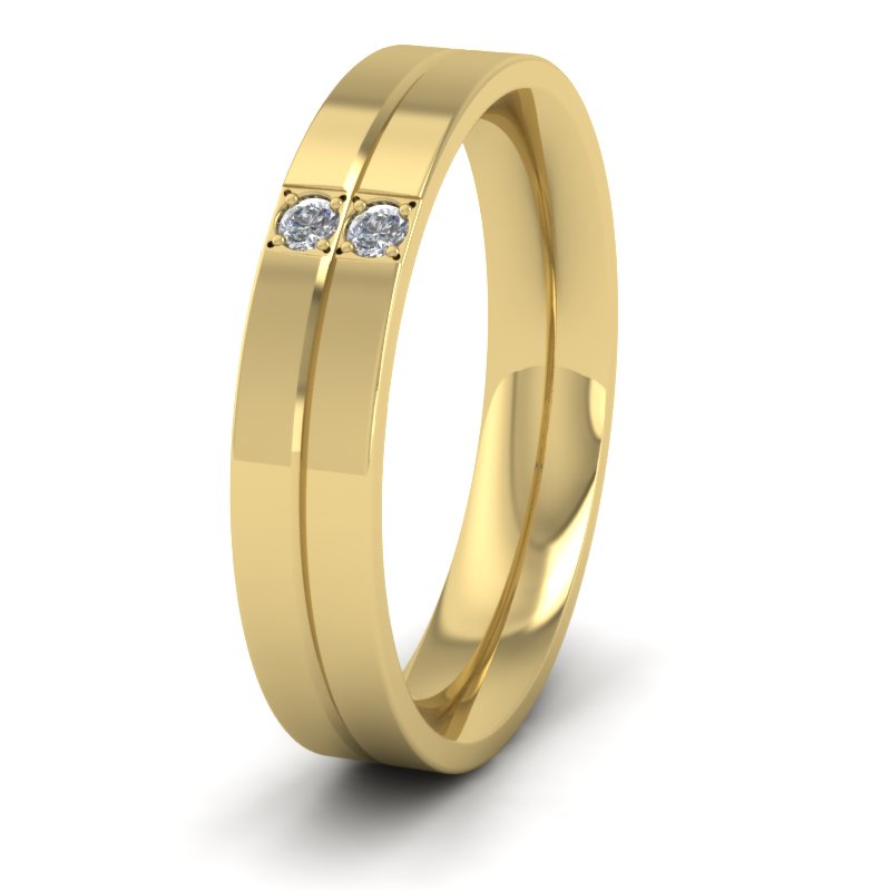 <p>Two Diamond And Line Pattern Flat Wedding Ring In 18ct Yellow Gold.  4mm Wide And Court Shaped For Comfortable Fitting</p>