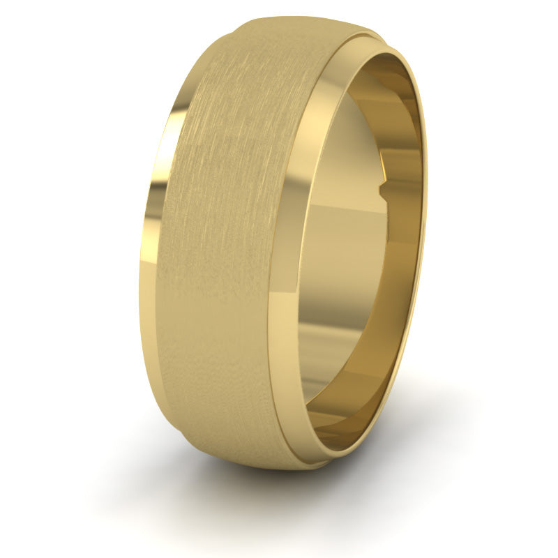 <p>9ct Yellow Gold Flat Edge Patterned And Matt Finish Wedding Ring.  8mm Wide </p>