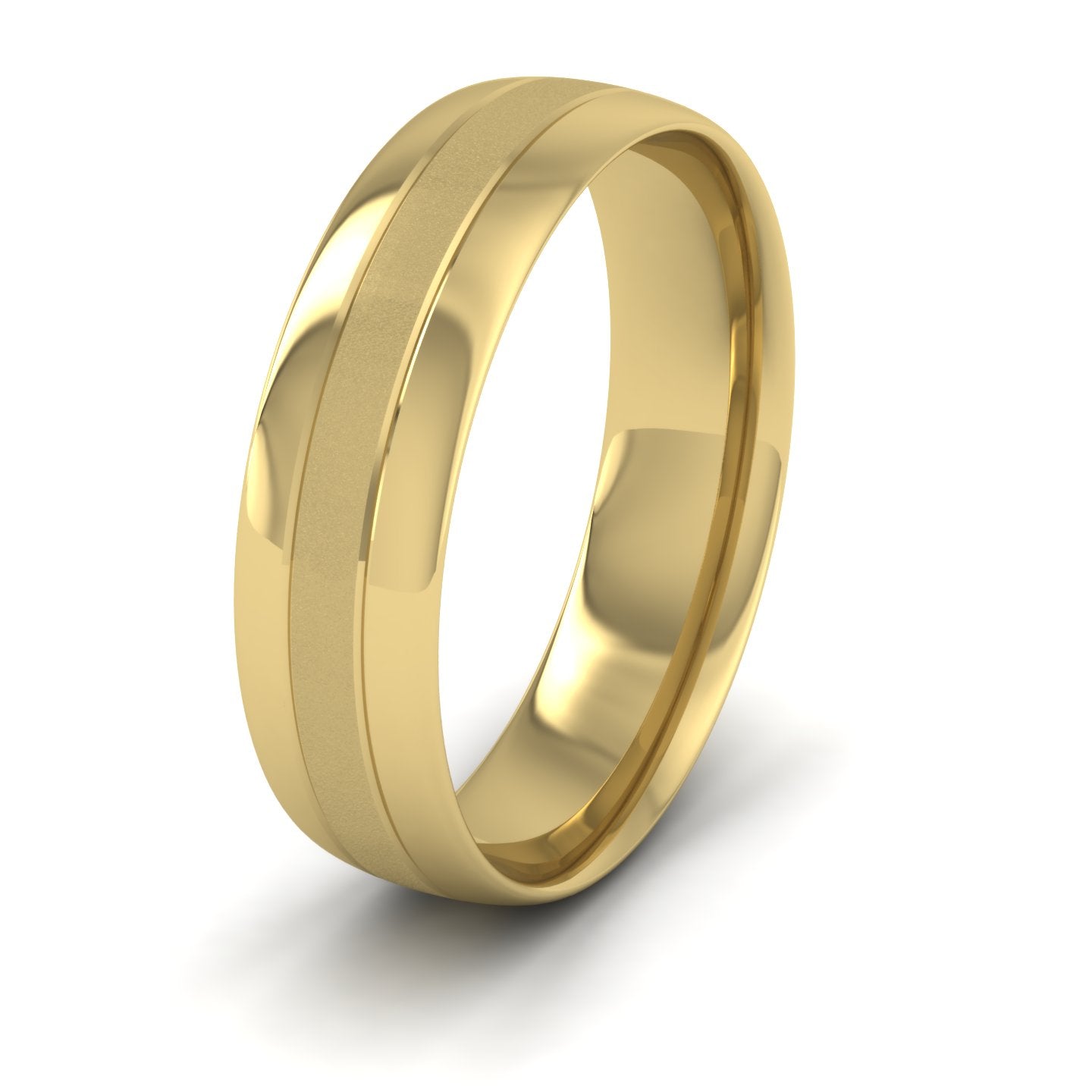 <p>18ct Yellow Gold Line Shiny And Matt Finish Wedding Ring.  6mm Wide And Court Shaped For Comfortable Fitting</p>