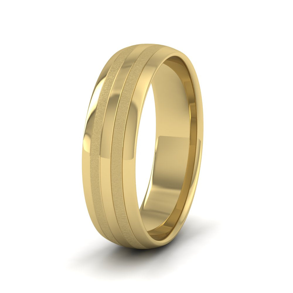 <p>18ct Yellow Gold Four Line Pattern With Shiny And Matt Finish Wedding Ring.  6mm Wide And Court Shaped For Comfortable Fitting</p>
