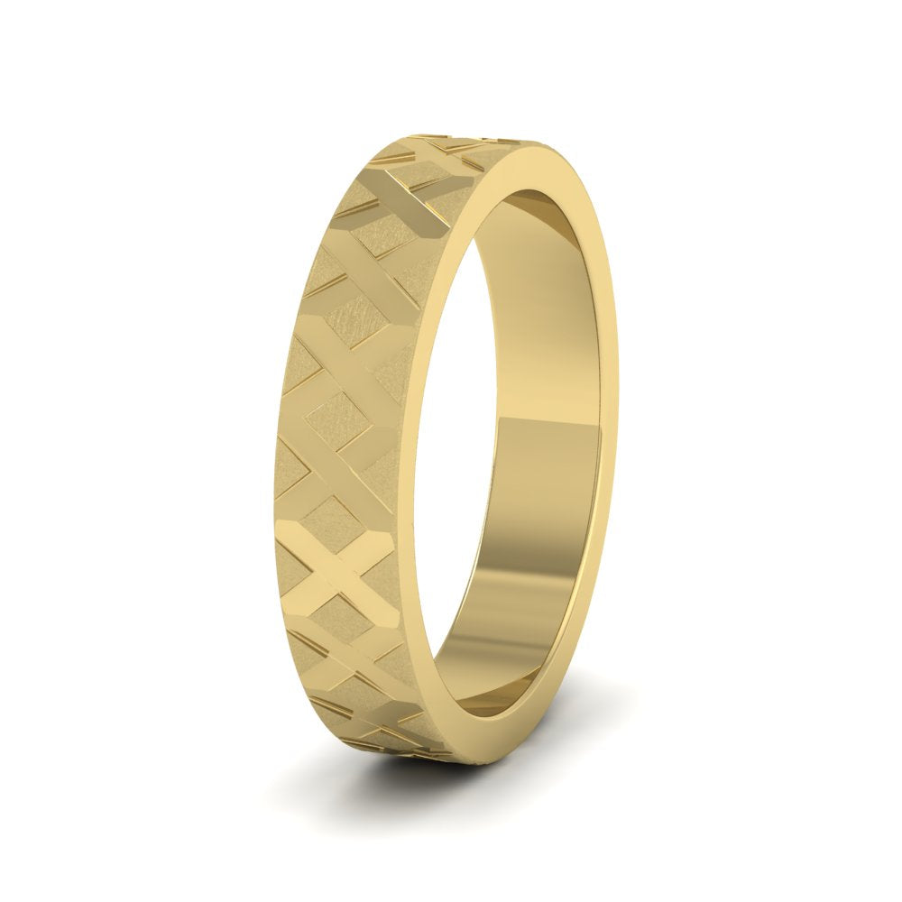 <p>18ct Yellow Gold Diagonal Cross Pattern Flat Wedding Ring.  4mm Wide With A Contrasting Shiny And Matt Finish</p>