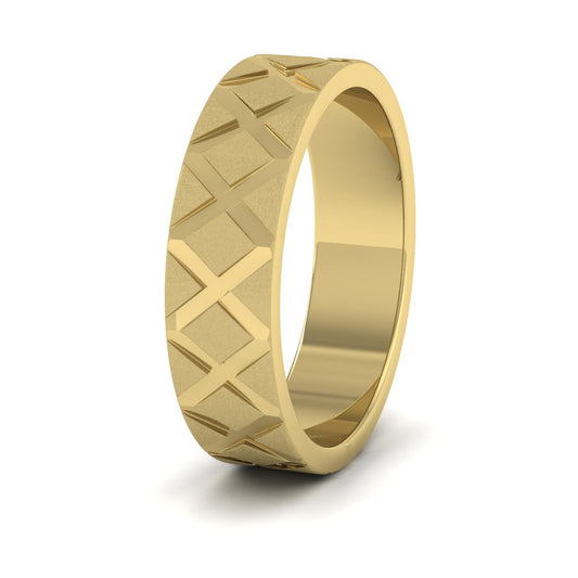 <p>18ct Yellow Gold Diagonal Cross Pattern Flat Wedding Ring.  6mm Wide With A Contrasting Shiny And Matt Finish</p>