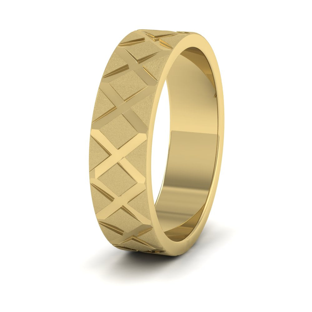 <p>9ct Yellow Gold Diagonal Cross Pattern Flat Wedding Ring.  6mm Wide With A Contrasting Shiny And Matt Finish</p>