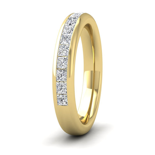 <p>18ct Yellow Gold Princess Cut Diamond 0.75ct Half Channel Set Flat Wedding Ring.  35mm Wide And Court Shaped For Comfortable Fitting</p>
