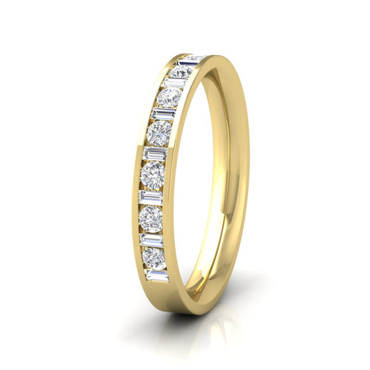 <p>9ct Yellow Gold Channel Set Alternate Baguette And Round Diamond Ring (0.5ct). 3mm Wide And Court Shaped For Comfortable Fitting</p>