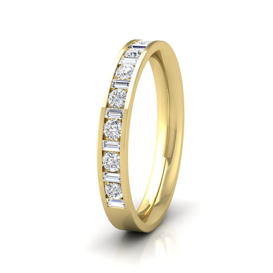 <p>18ct Yellow Gold Channel Set Alternate Baguette And Round Diamond Ring (0.5ct). 3mm Wide And Court Shaped For Comfortable Fitting</p>