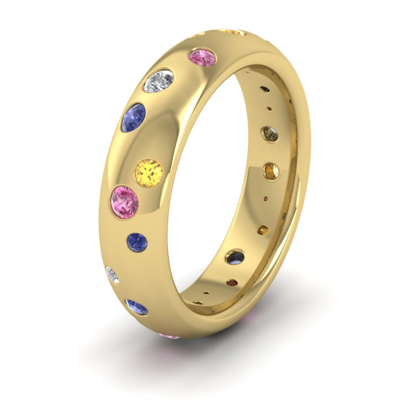 <p>14ct Yellow Gold Scatter Diamond And Sapphire Set Wedding Ring (0.13ct Of Diamonds And 0.5ct Of Pink, Blue And Yellow Sapphires).  5mm Wide And Court Shaped For Comfortable Fitting</p>