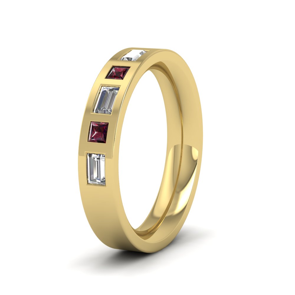 <p>14ct Yellow Gold Ruby And Diamond Set (0.4ct VS, F/G) Flat Wedding Ring.  4mm Wide And Court Shaped For Comfortable Fitting</p>