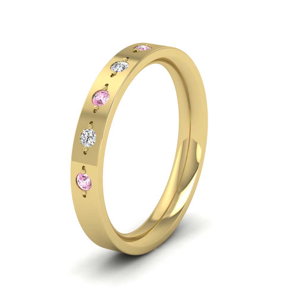<p>9ct Yellow Gold Diamond And Pink Sapphire Set Flat Wedding Ring.  3mm Wide And Court Shaped For Comfortable Fitting</p>